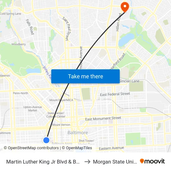 Martin Luther King Jr Blvd & Baltimore St to Morgan State University map
