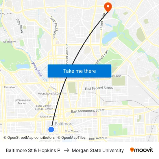 Baltimore St & Hopkins Pl to Morgan State University map