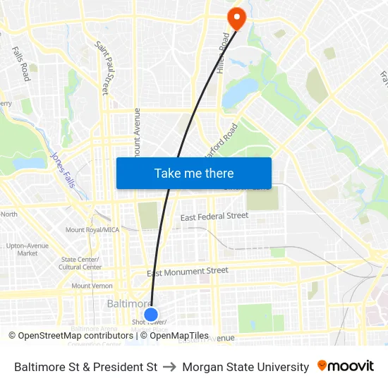 Baltimore St & President St to Morgan State University map