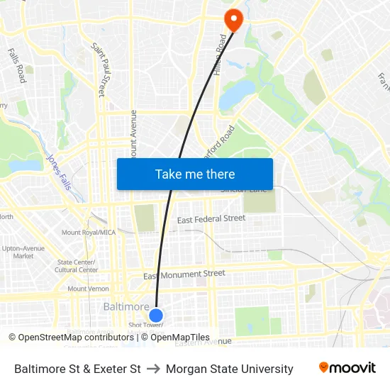 Baltimore St & Exeter St to Morgan State University map