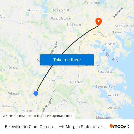 Beltsville Dr+Giant Garden Ctr to Morgan State University map