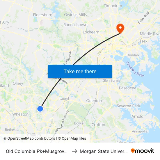 Old Columbia Pk+Musgrove Rd to Morgan State University map
