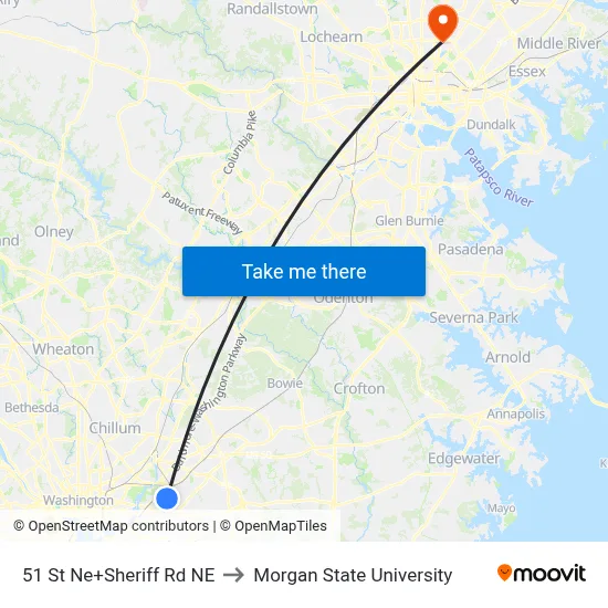 51 St Ne+Sheriff Rd NE to Morgan State University map