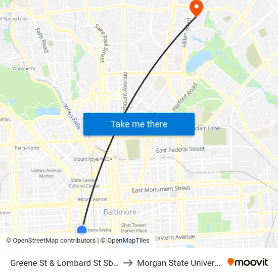 Greene St & Lombard St Sb FS to Morgan State University map