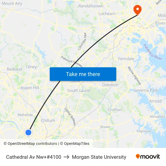 Cathedral Av Nw+#4100 to Morgan State University map