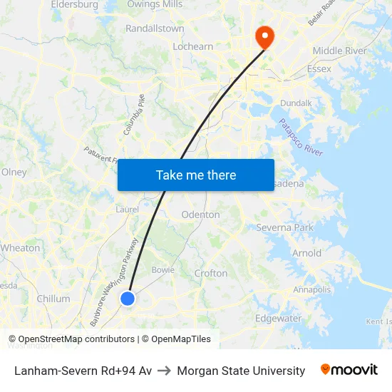 Lanham-Severn Rd+94 Av to Morgan State University map