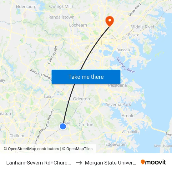 Lanham-Severn Rd+Church La to Morgan State University map