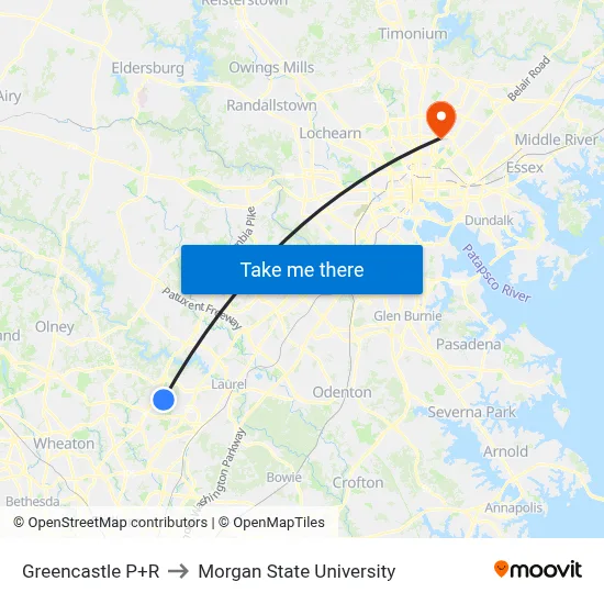 Greencastle P+R to Morgan State University map