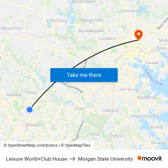 Leisure World+Club House to Morgan State University map
