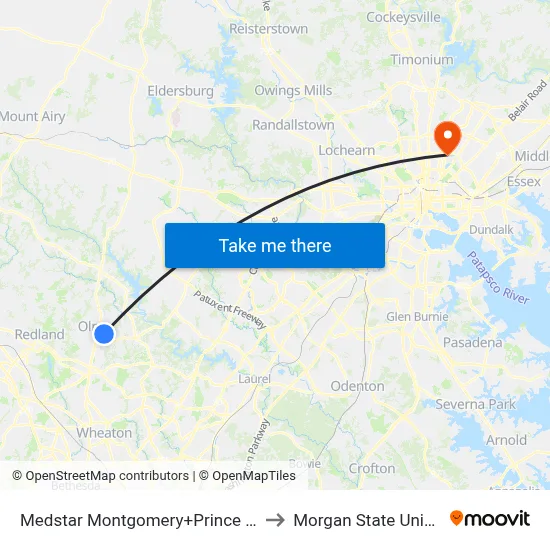 Medstar Montgomery+Prince Philip Dr to Morgan State University map