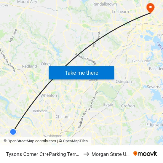 Tysons Corner Ctr+Parking Terrace C (Stop 1) to Morgan State University map