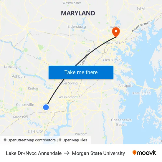 Lake Dr+Nvcc Annandale to Morgan State University map