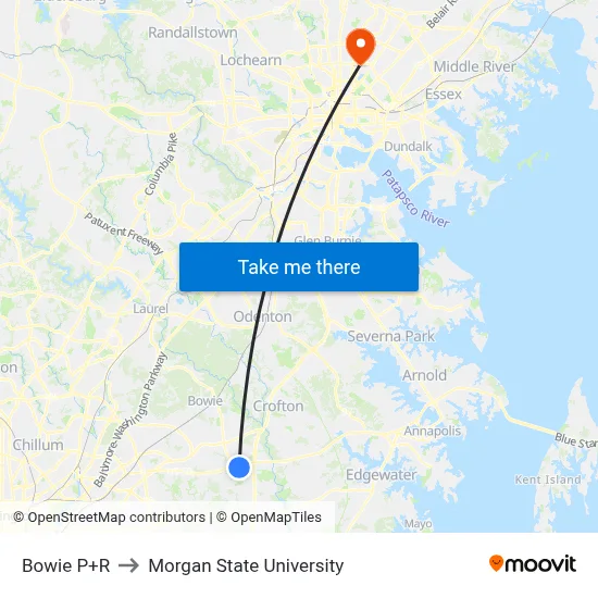 Bowie P+R to Morgan State University map