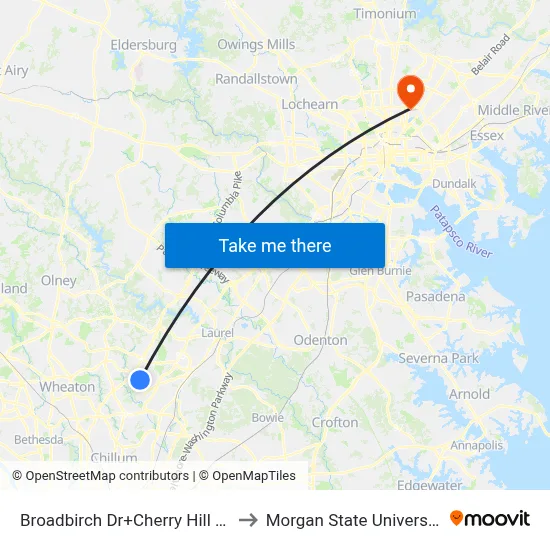 Broadbirch Dr+Cherry Hill Rd to Morgan State University map