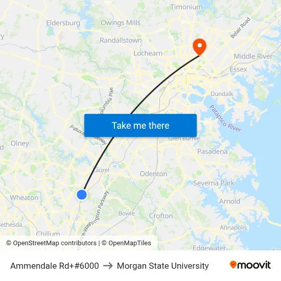 Ammendale Rd+#6000 to Morgan State University map
