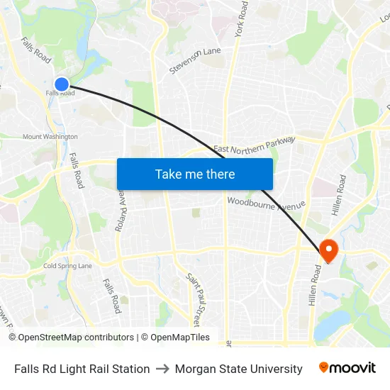 Falls Rd Light Rail Station to Morgan State University map