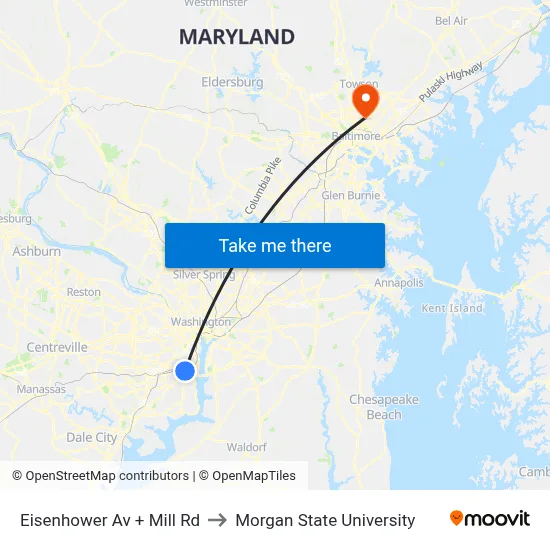 Eisenhower Av + Mill Rd to Morgan State University map