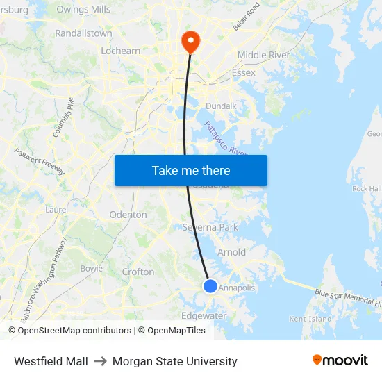 Westfield Mall to Morgan State University map