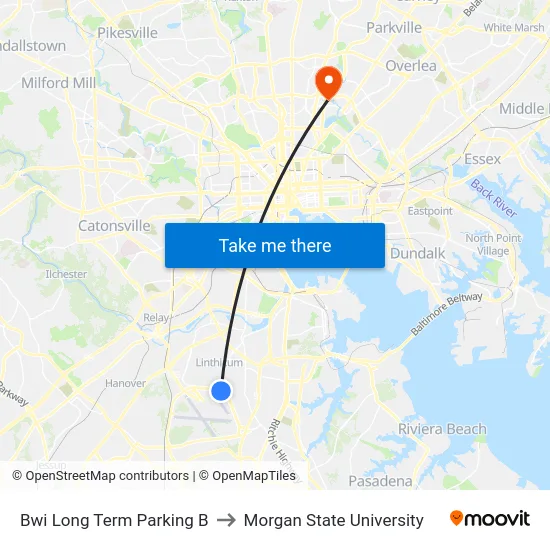 Bwi Long Term Parking B to Morgan State University map
