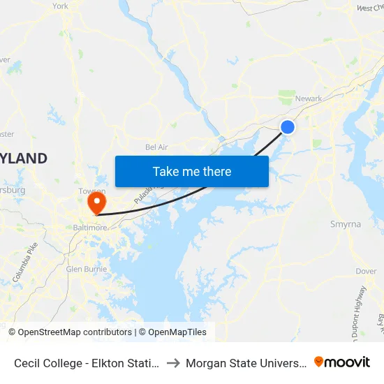 Cecil College - Elkton Station to Morgan State University map
