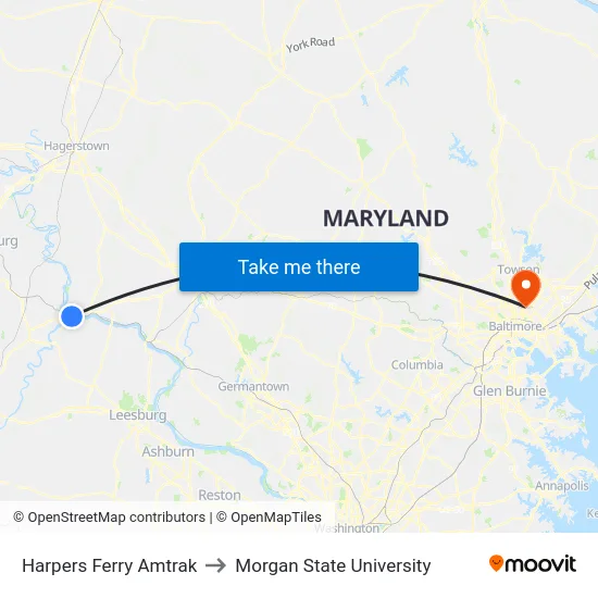 Harpers Ferry Amtrak to Morgan State University map