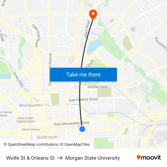 Wolfe St & Orleans St to Morgan State University map