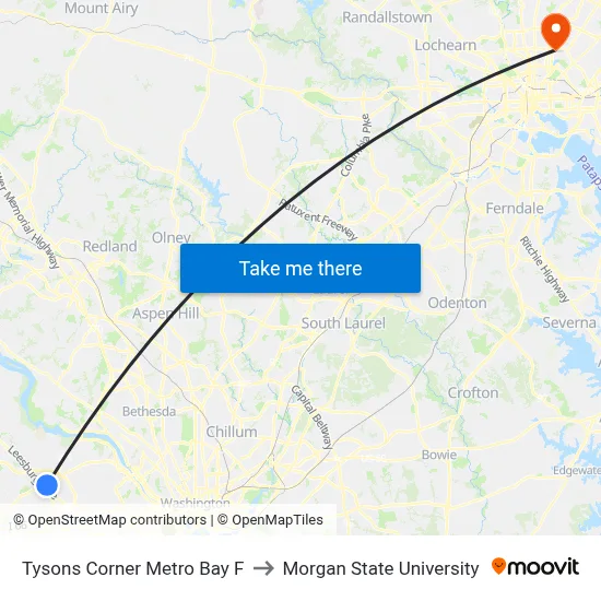 Tysons Corner Metro Bay F to Morgan State University map
