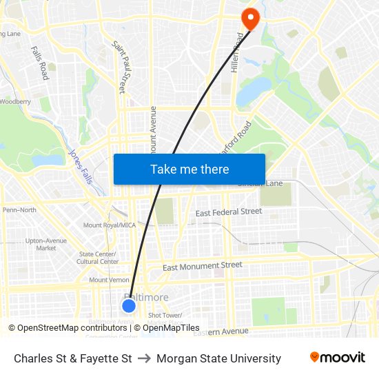 Charles St & Fayette St to Morgan State University map