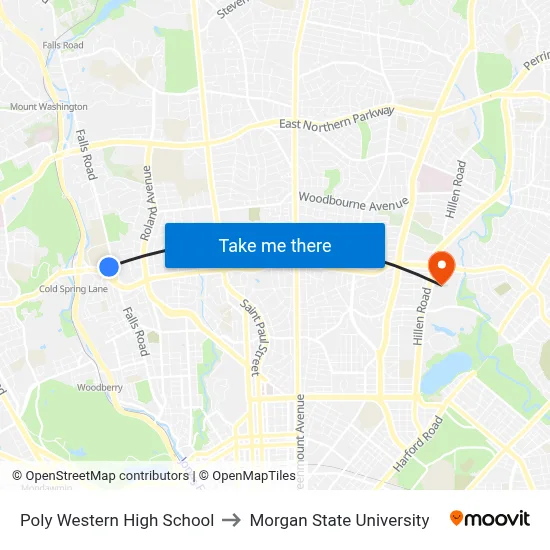 Poly Western High School to Morgan State University map