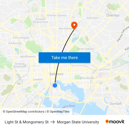 Light St & Mongomery St to Morgan State University map