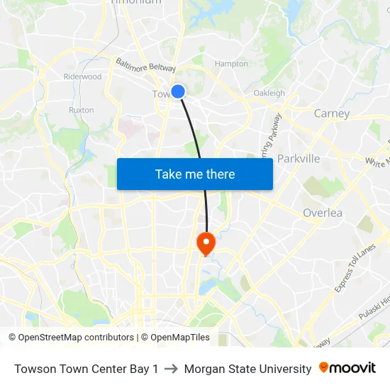 Towson Town Center Bay 1 to Morgan State University map