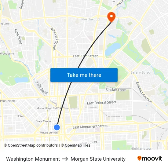 Washington Monument to Morgan State University map