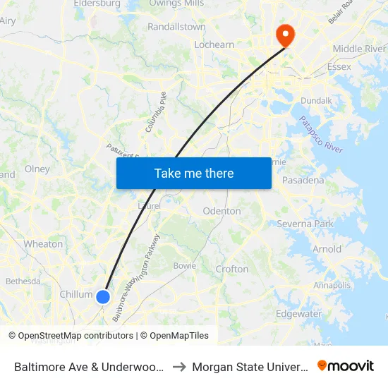 Baltimore Ave & Underwood St to Morgan State University map