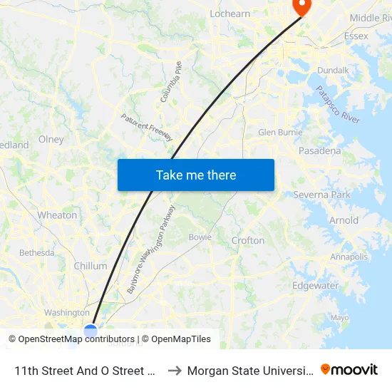 11th Street And O Street NE to Morgan State University map