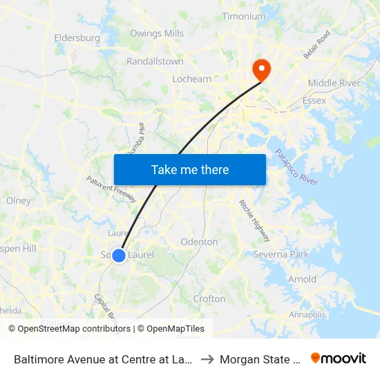 Baltimore Avenue at Centre at Laurel (Northbound) to Morgan State University map