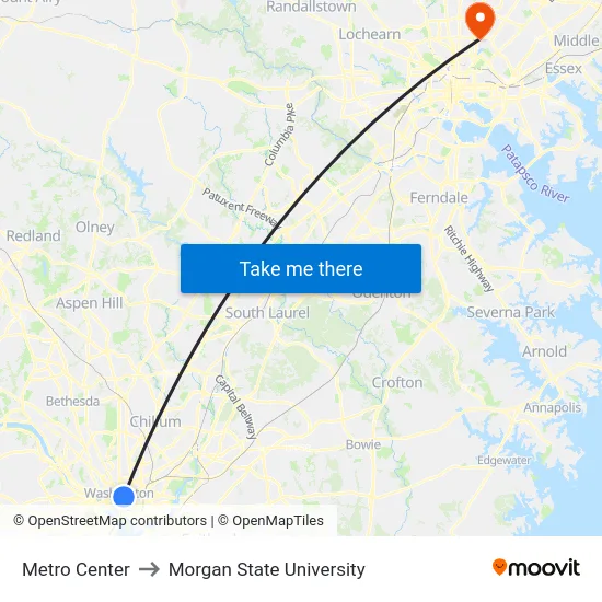Metro Center to Morgan State University map