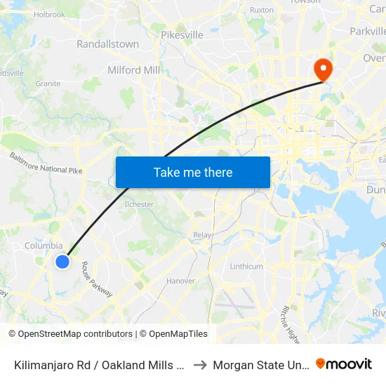 Kilimanjaro Rd / Oakland Mills High School to Morgan State University map