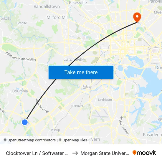 Clocktower Ln / Softwater Way to Morgan State University map