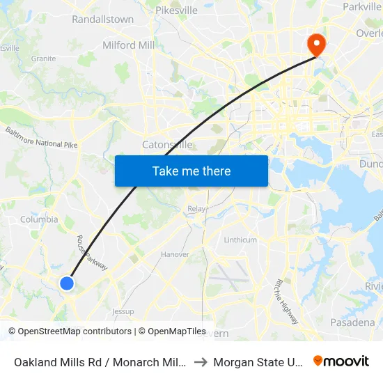 Oakland Mills Rd / Monarch Mills Way South to Morgan State University map