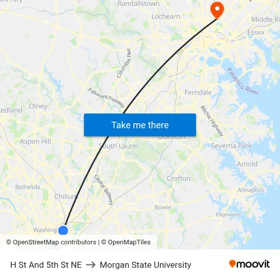 H St And 5th St NE to Morgan State University map