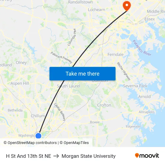 H St And 13th St NE to Morgan State University map