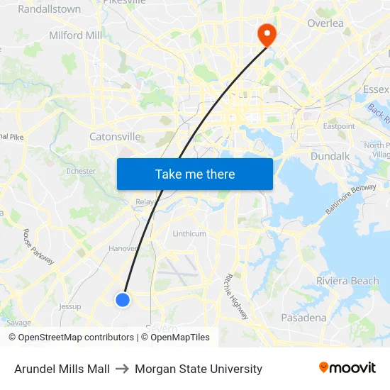 Arundel Mills Mall to Morgan State University map