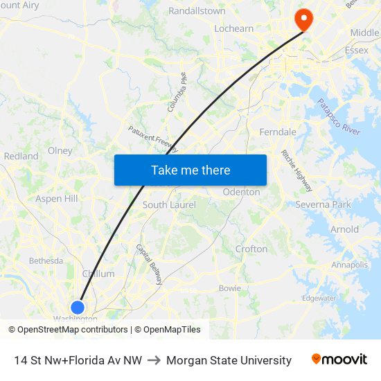 14 St Nw+Florida Av NW to Morgan State University map