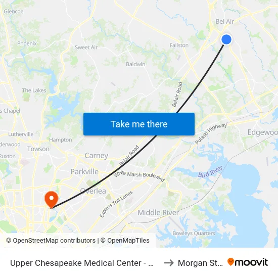 Upper Chesapeake Medical Center - Main Entrance (500 Upper Chesapeake Dr) to Morgan State University map