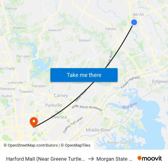 Harford Mall (Near Greene Turtle - 696 Bel Air Rd) to Morgan State University map