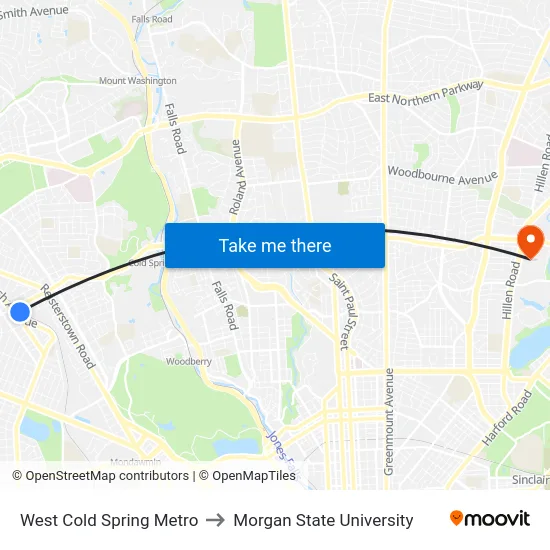 West Cold Spring Metro to Morgan State University map