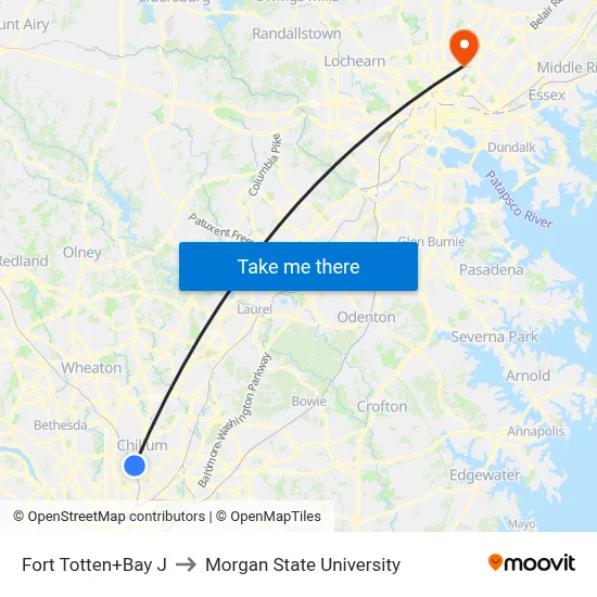Fort Totten+Bay J to Morgan State University map