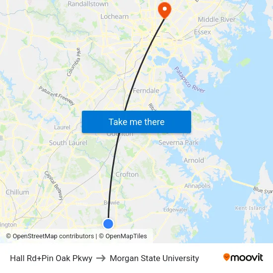 Hall Rd+Pin Oak Pkwy to Morgan State University map