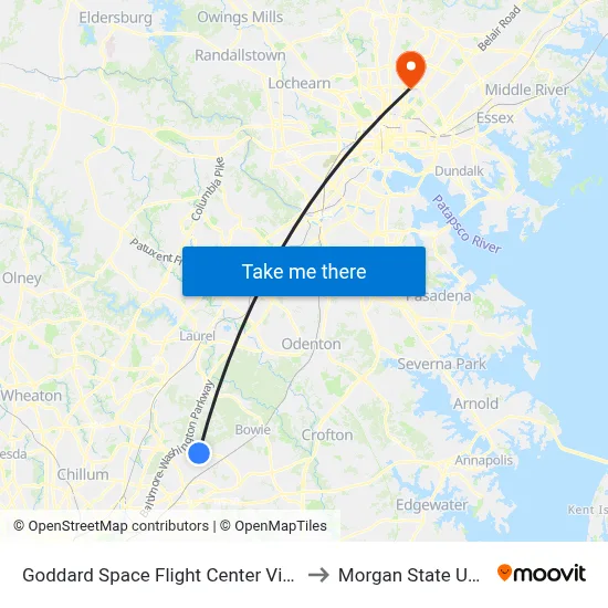 Goddard Space Flight Center Visitors Center to Morgan State University map