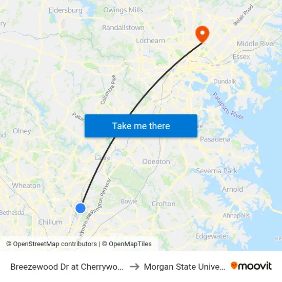 Breezewood Dr at Cherrywood Ln to Morgan State University map